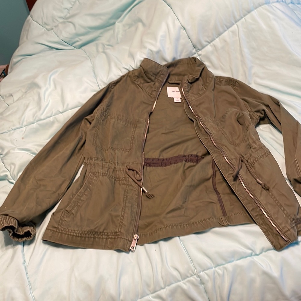 Olive green, comfy jacket (jeanish material)